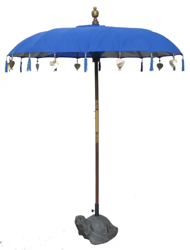 Product image of the product “Bali umbrella, Turquoise with wooden coins and gold leaves hanging around the edge. Approx. 190cm dia. and 250cm height ”
